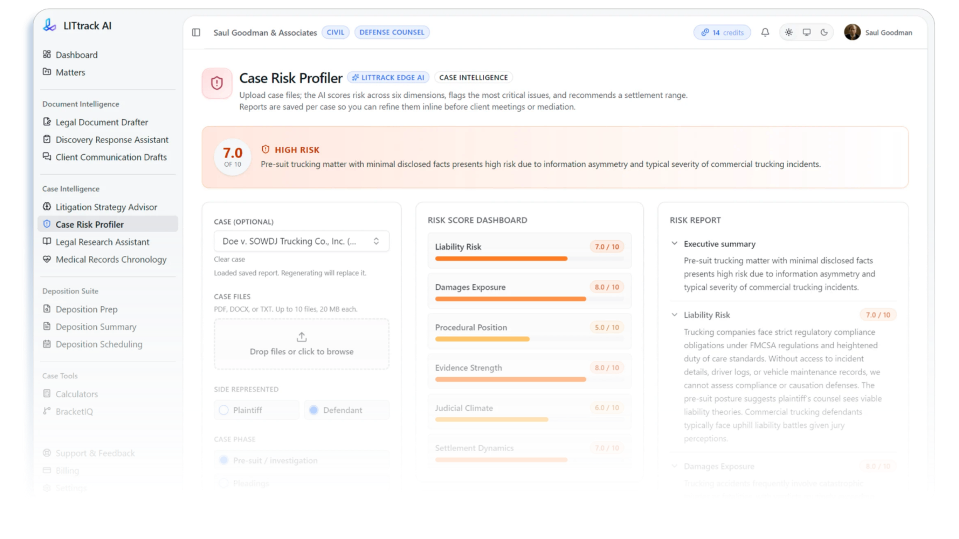 LITtrack AI dashboard with grounded drafting, faster discovery, and verified case law